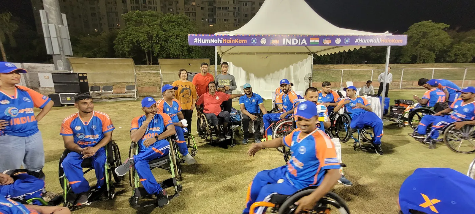 The India wheelchair cricket squad together on the ground at a #HumNahiHainKam fixture